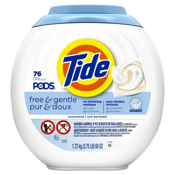 Tide pods free & gentle laundry detergent soap pacs, 76 CT