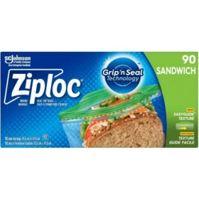 Ziploc Sandwich Bags for On-the-Go Freshness, Grip 'n Seal Technology for Easier Grip, Open and Close, 90 Count