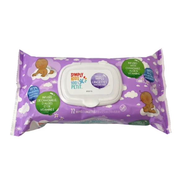 Simply kids baby wipes unscented, 72 EA